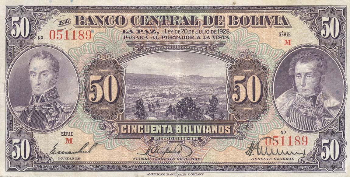 Front of Bolivia p124a: 50 Bolivianos from 1928