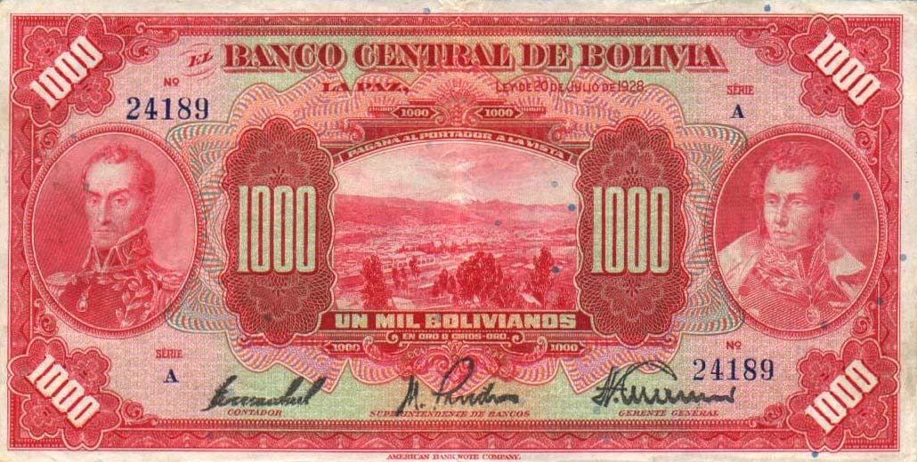 Front of Bolivia p127b: 1000 Bolivianos from 1928