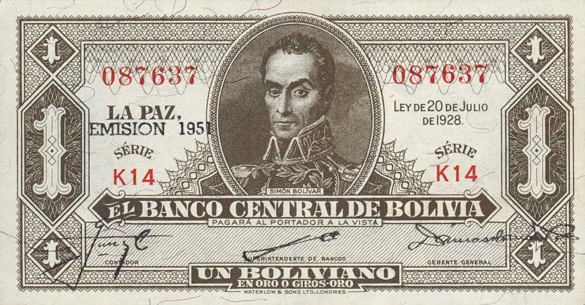 Front of Bolivia p128b: 1 Boliviano from 1928