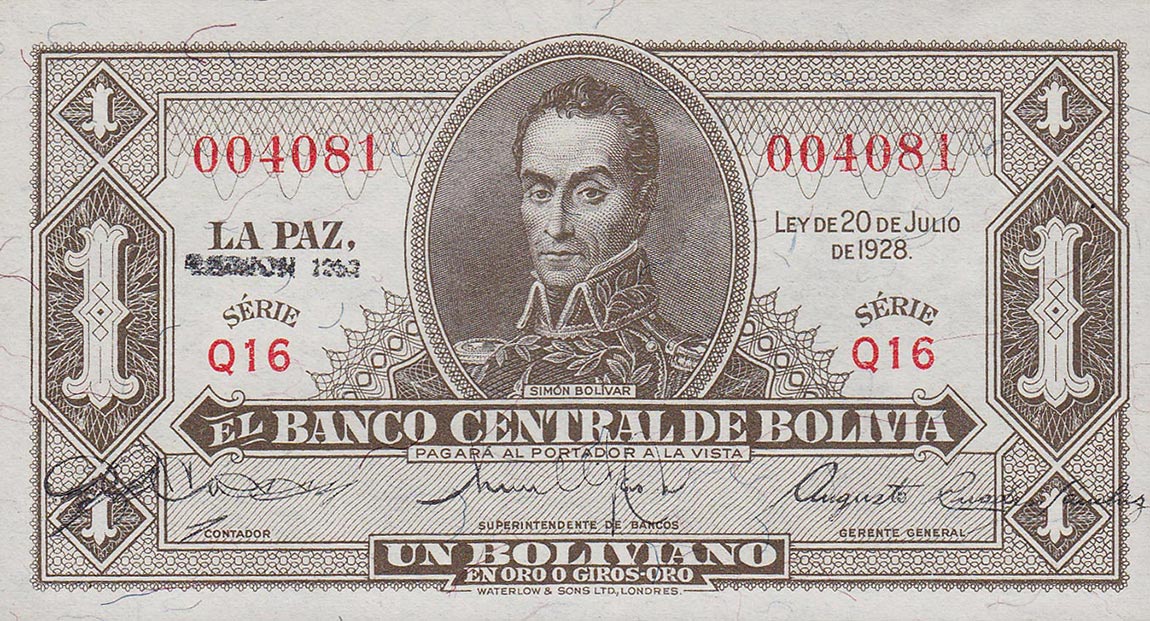 Front of Bolivia p128c: 1 Boliviano from 1928