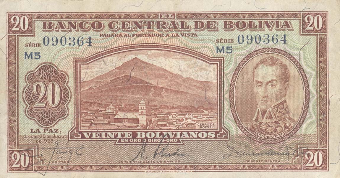 Front of Bolivia p131: 20 Bolivianos from 1928