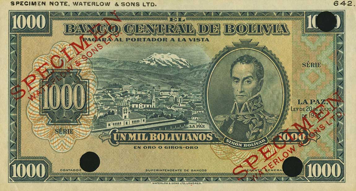 Front of Bolivia p135ct: 1000 Bolivianos from 1928