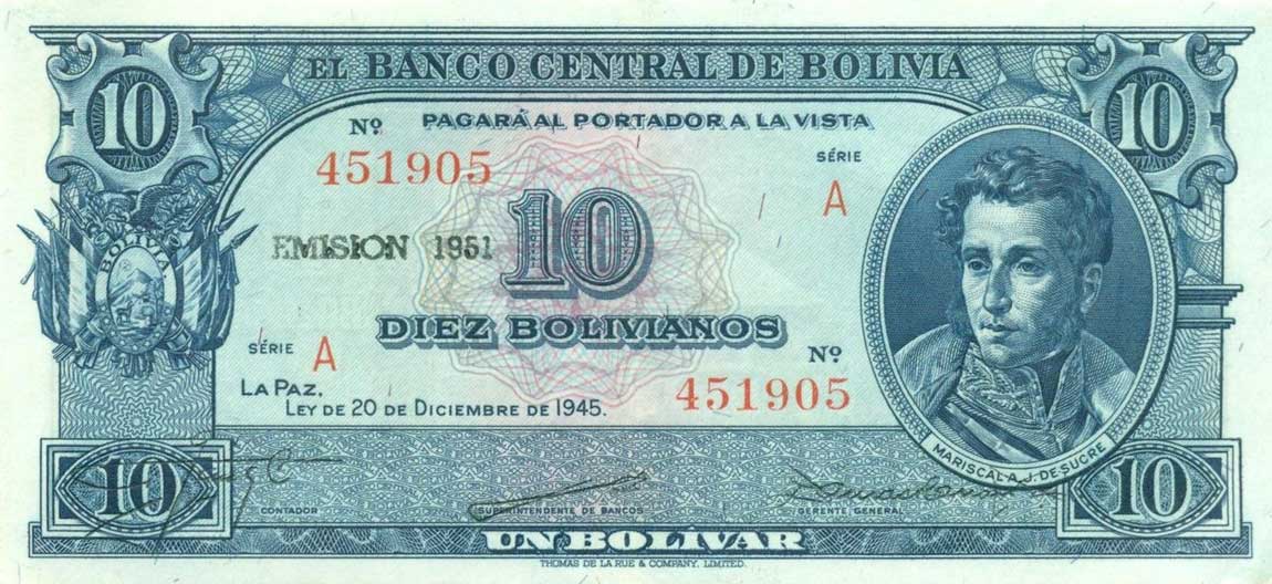 Front of Bolivia p139a: 10 Bolivianos from 1945