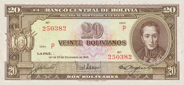 Front of Bolivia p140a: 20 Bolivianos from 1945