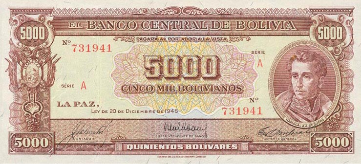 Front of Bolivia p145: 5000 Bolivianos from 1945