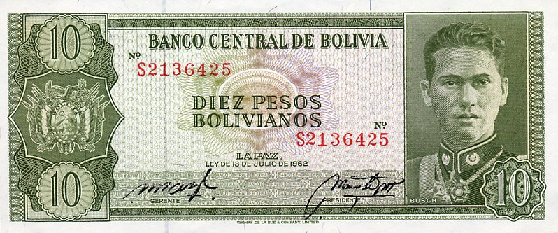 Front of Bolivia p154a: 10 Pesos Bolivianos from 1962