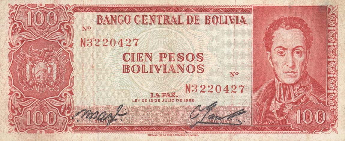 Front of Bolivia p163a: 100 Pesos Bolivianos from 1962