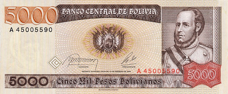 Front of Bolivia p168a: 5000 Pesos Bolivianos from 1984