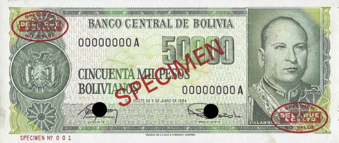 Front of Bolivia p170s: 50000 Pesos Bolivianos from 1984
