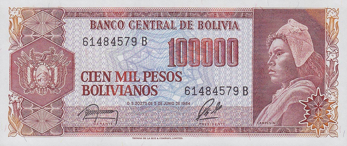 Front of Bolivia p171a: 100000 Pesos Bolivianos from 1984