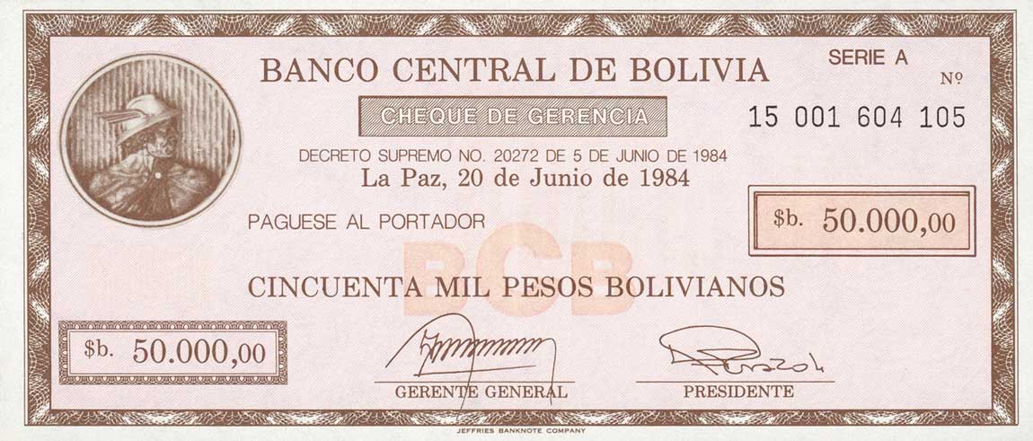Front of Bolivia p185: 50000 Pesos Bolivianos from 1984
