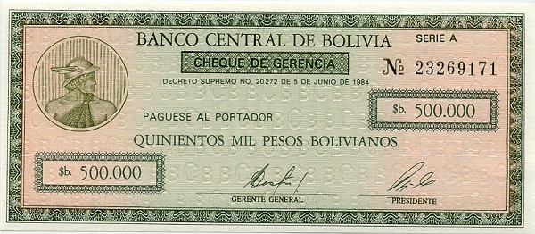 Front of Bolivia p189: 500000 Pesos Bolivianos from 1984