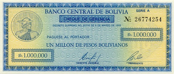 Front of Bolivia p190a: 1000000 Pesos Bolivianos from 1985