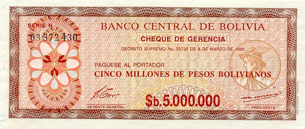 Front of Bolivia p193a: 5000000 Pesos Bolivianos from 1985