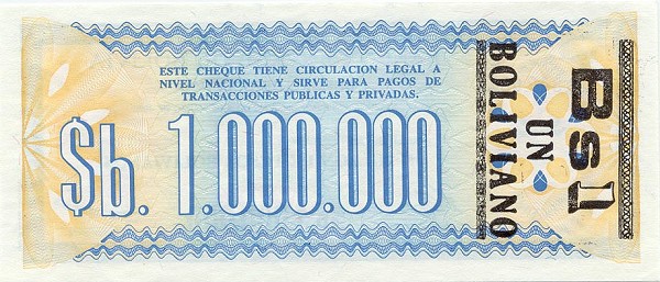 Back of Bolivia p199: 1 Boliviano from 1987