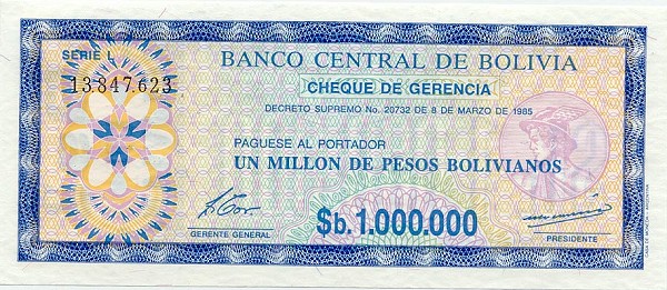 Front of Bolivia p199: 1 Boliviano from 1987