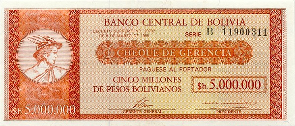 Front of Bolivia p200a: 5 Bolivianos from 1987