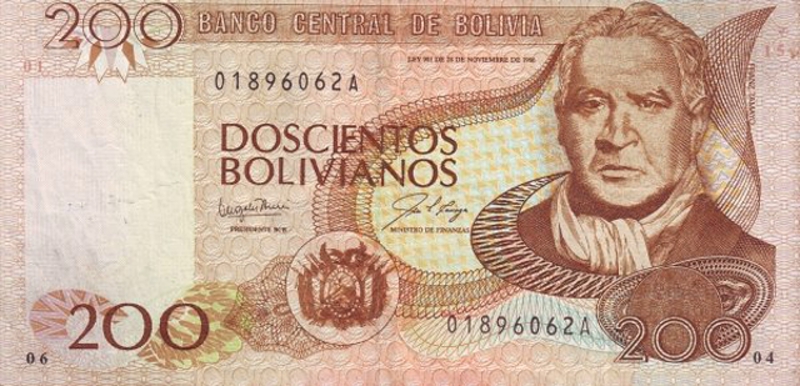 Front of Bolivia p208a: 200 Boliviano from 1987