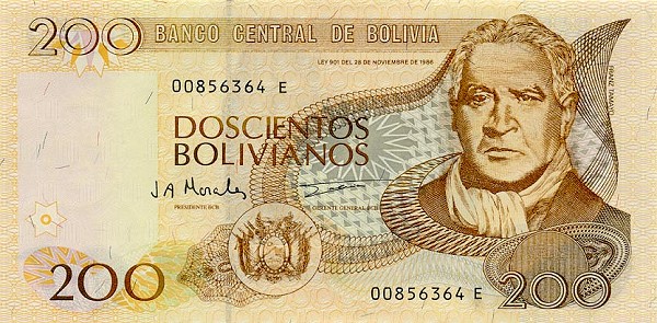 Front of Bolivia p208b: 200 Boliviano from 1997