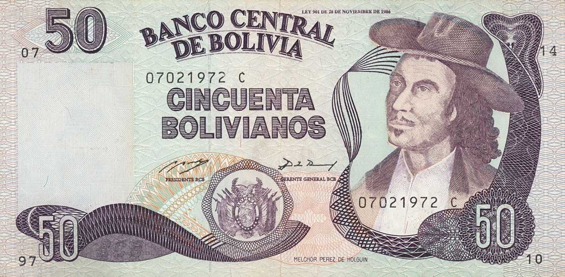 Front of Bolivia p212: 50 Boliviano from 1993