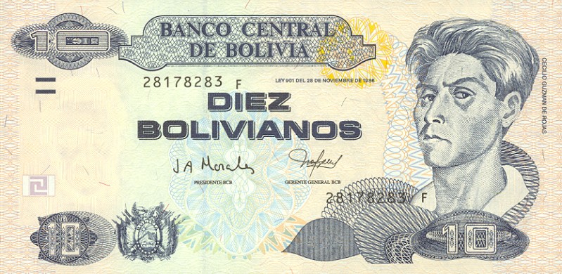 Front of Bolivia p223: 10 Boliviano from 2001