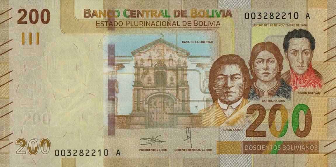Front of Bolivia p252: 200 Bolivianos from 2018