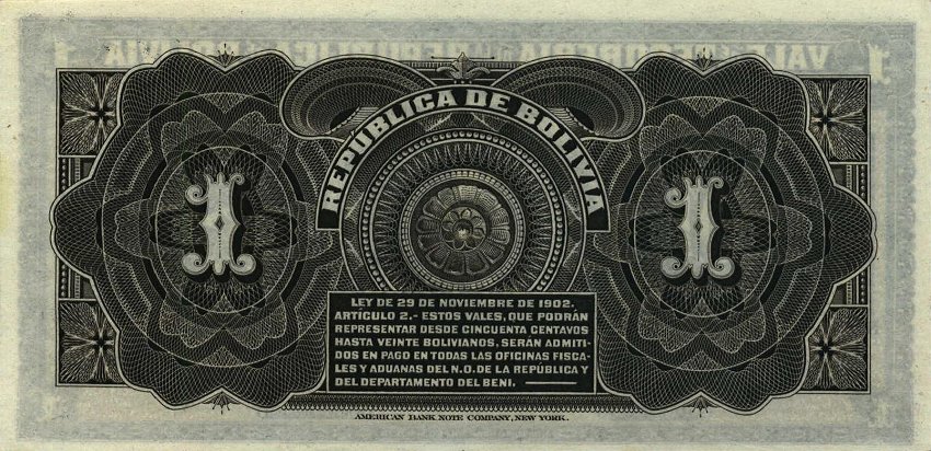 Back of Bolivia p92a: 1 Boliviano from 1902