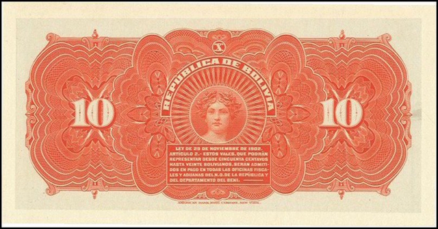 Back of Bolivia p94r: 10 Bolivianos from 1902