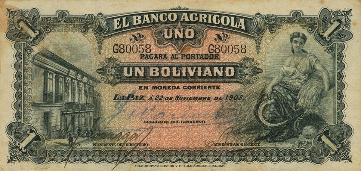 Front of Bolivia pS101a: 1 Boliviano from 1903
