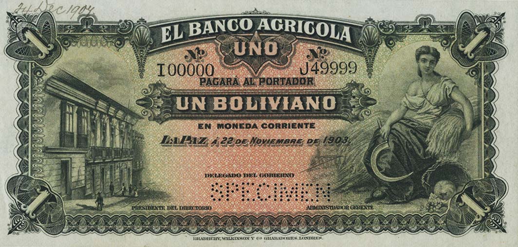 Front of Bolivia pS101s: 1 Boliviano from 1903