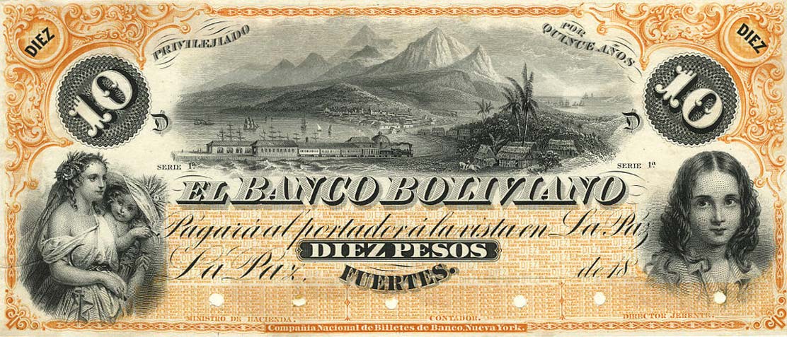 Front of Bolivia pS113: 10 Peso Fuerte from 1868