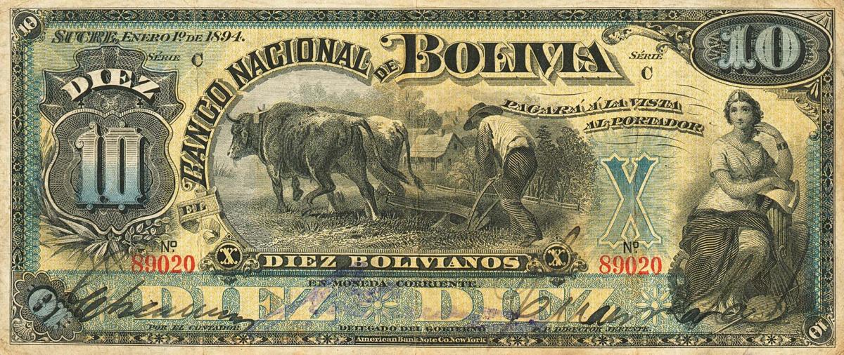 Front of Bolivia pS213a: 10 Bolivianos from 1894