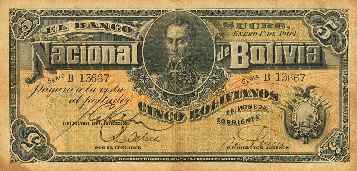 Front of Bolivia pS214a: 5 Bolivianos from 1904