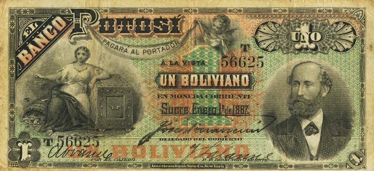 Front of Bolivia pS221b: 1 Boliviano from 1887