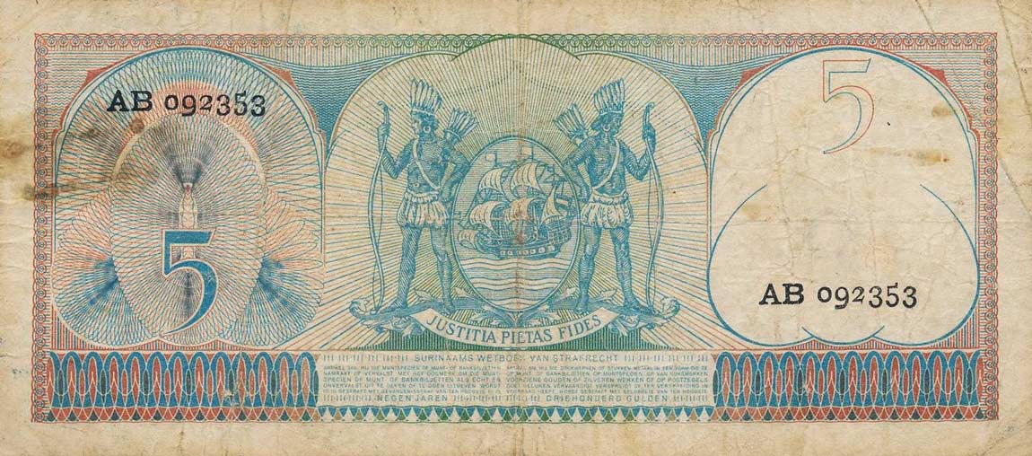 Back of Suriname p111a: 5 Gulden from 1957