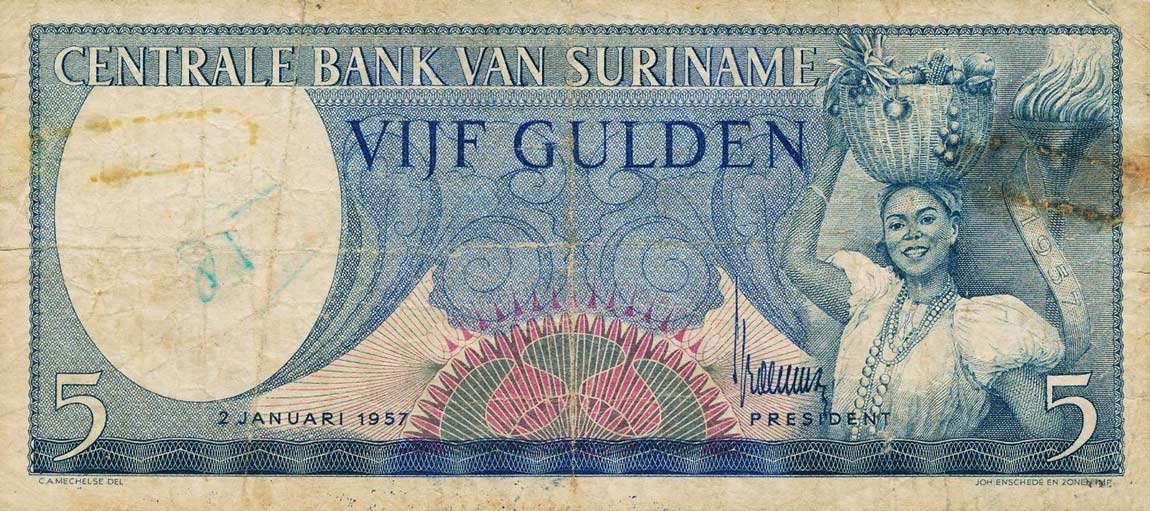 Front of Suriname p111a: 5 Gulden from 1957