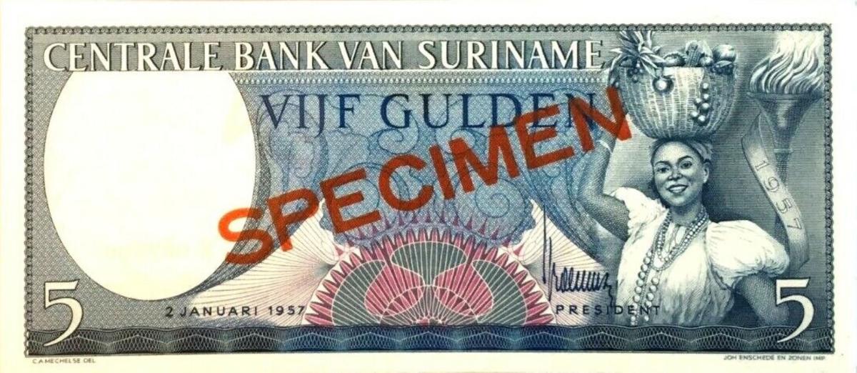 Front of Suriname p111s: 5 Gulden from 1957