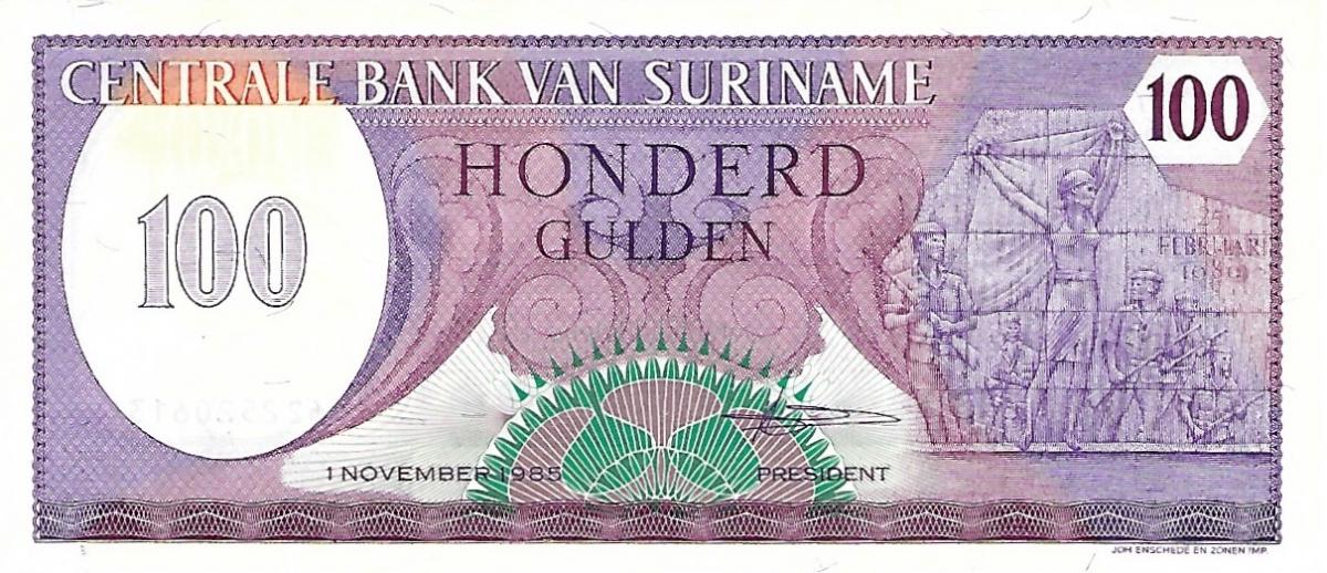 Front of Suriname p128b: 100 Gulden from 1985