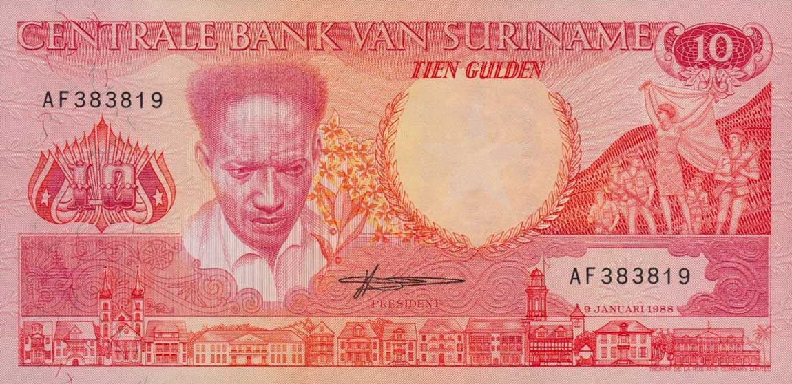 Front of Suriname p131b: 10 Gulden from 1988