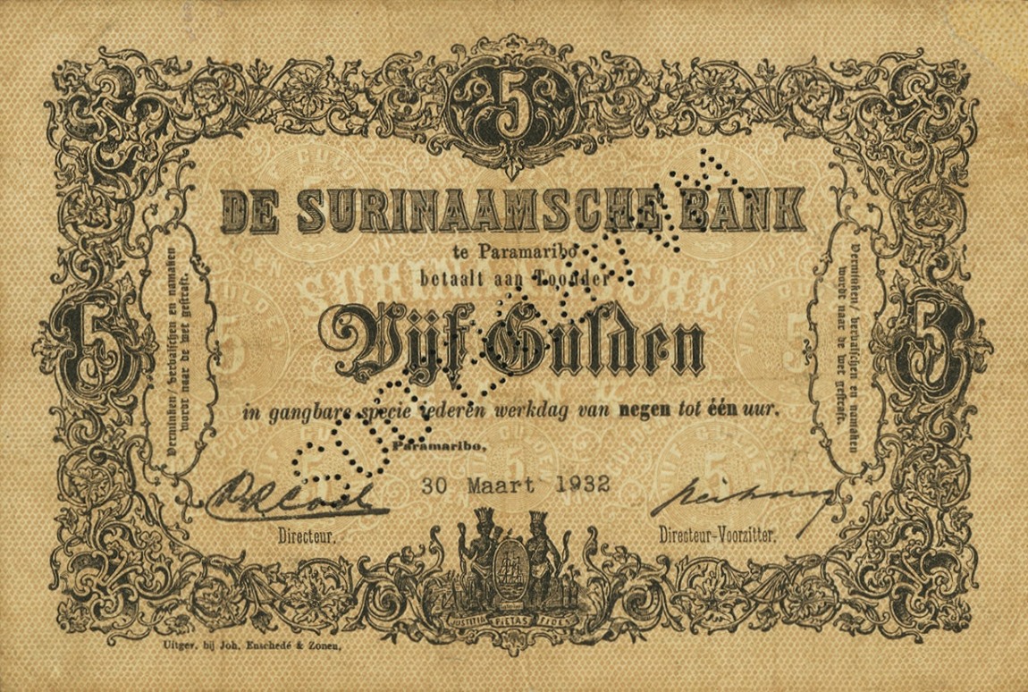 Front of Suriname p71b: 5 Gulden from 1928