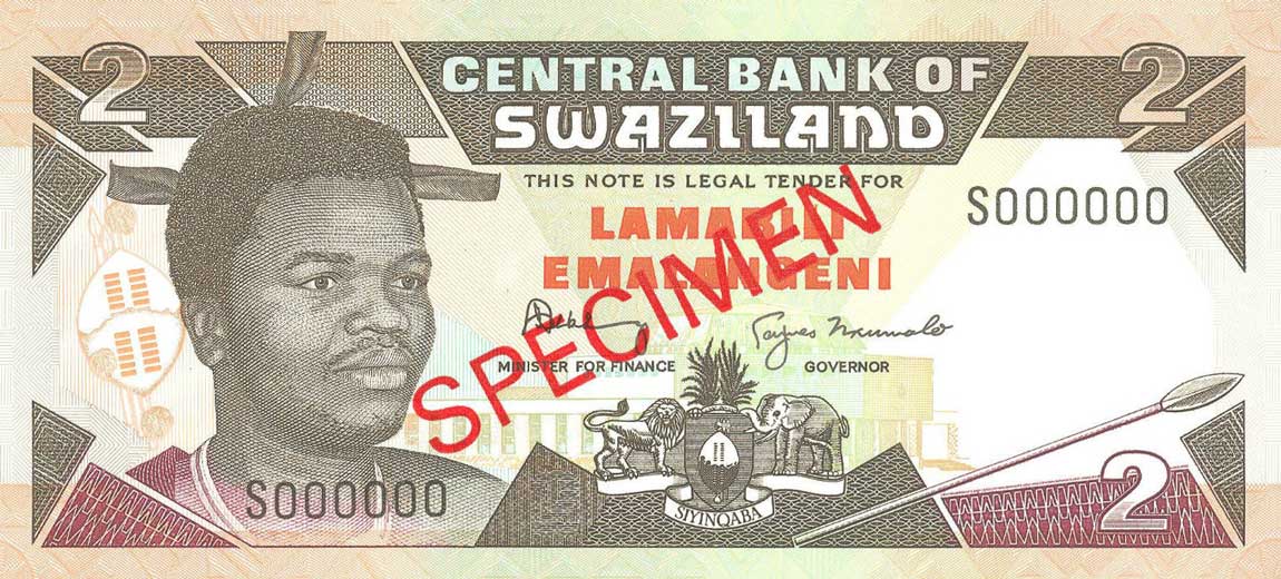 Front of Swaziland p18s2: 2 Emalangeni from 1994