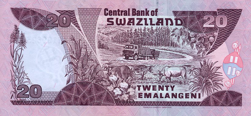 Back of Swaziland p25c: 20 Emalangeni from 1998