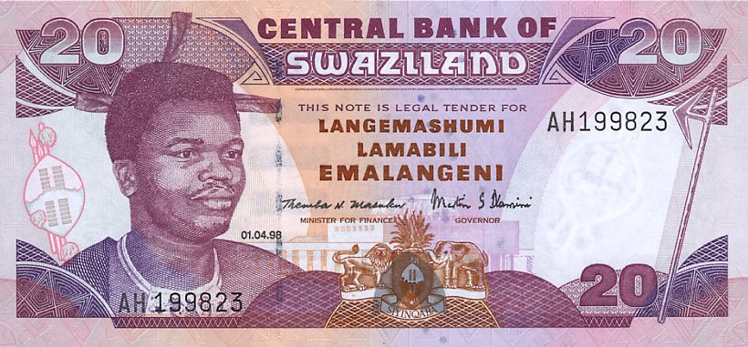 Front of Swaziland p25c: 20 Emalangeni from 1998