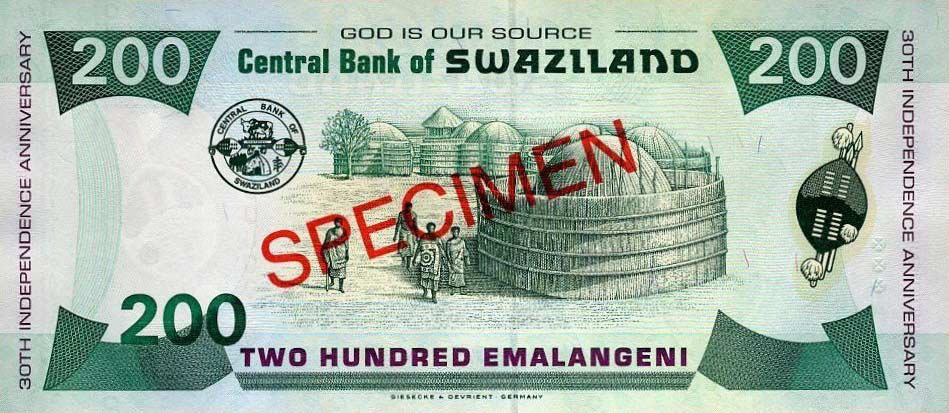 Back of Swaziland p28s: 200 Emalangeni from 1998