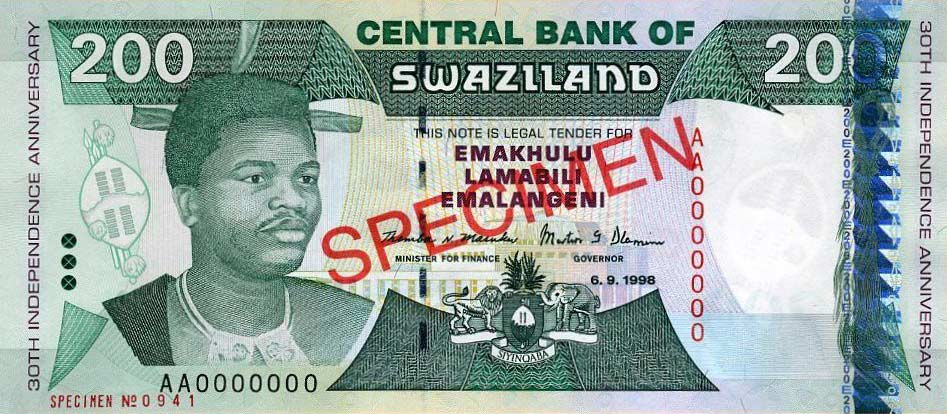 Front of Swaziland p28s: 200 Emalangeni from 1998
