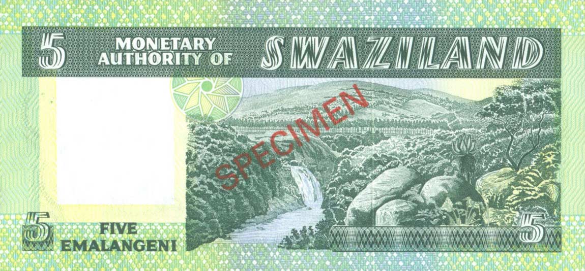 Back of Swaziland p3s: 5 Emalangeni from 1974
