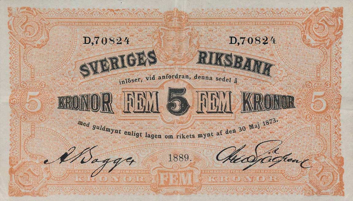 Front of Sweden p13b: 5 Kronor from 1889