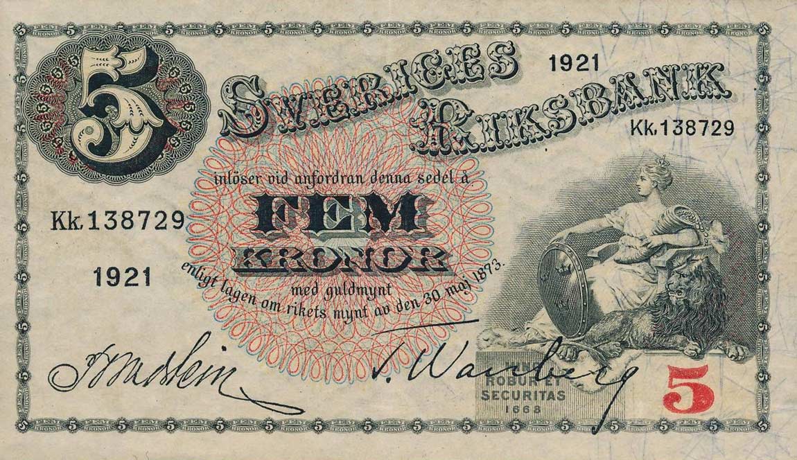 Front of Sweden p33d: 5 Kronor from 1921