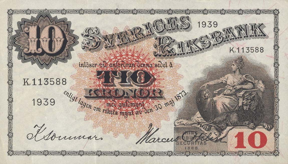 Front of Sweden p34v: 10 Kronor from 1939