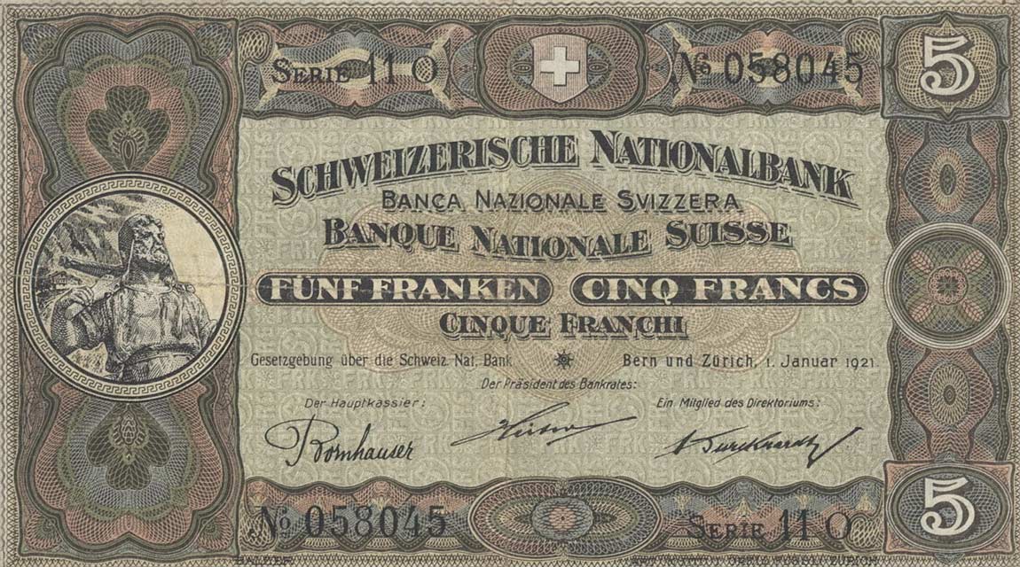 Front of Switzerland p11d: 5 Franken from 1919